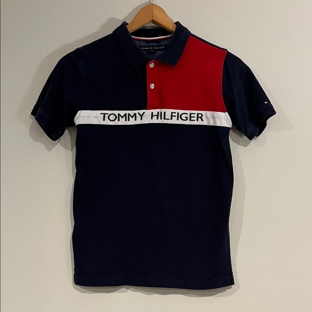 TOMMY HILFIGER Youth Boys Large Short Sleeve Polo Cotton Navy Red